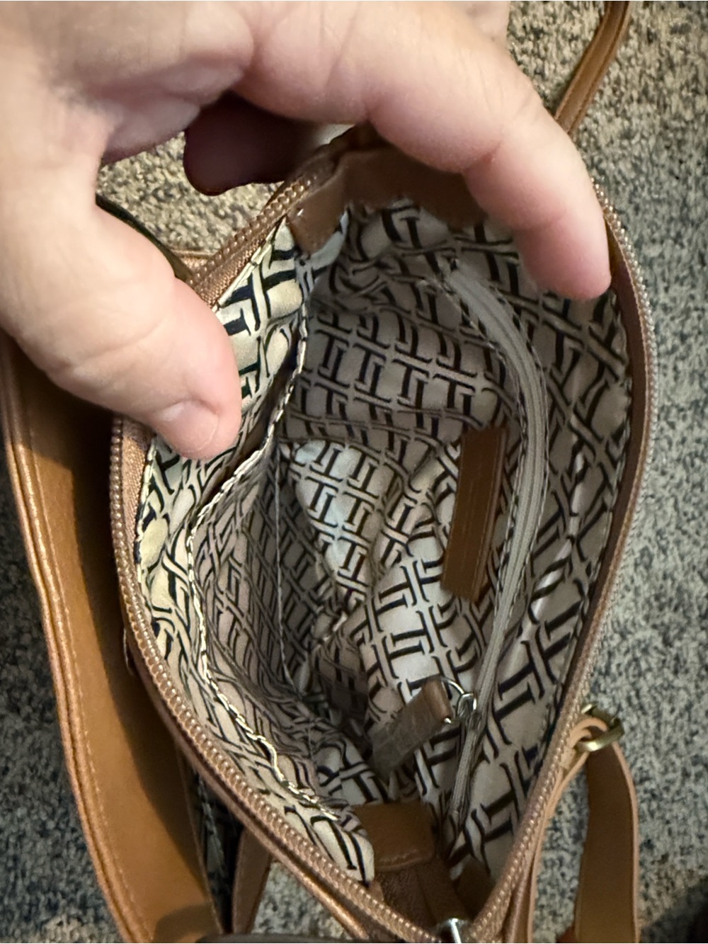 Crossbody Bag in Tan with Patterned Interior